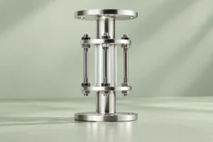 Tube sight glass with metal support rods and end flanges