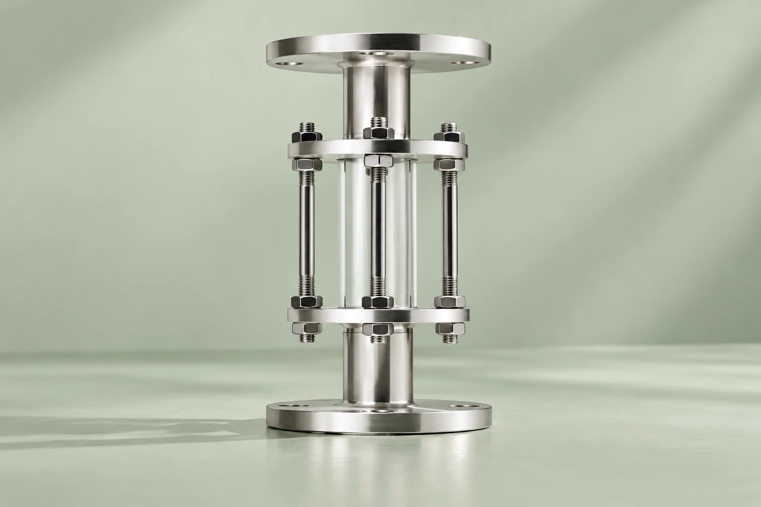 Tube sight glass with metal support rods and end flanges